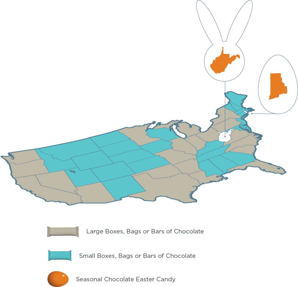 Map of US showing West Virginia and Rhode Island as top states for Easter Candy coupons redeemed