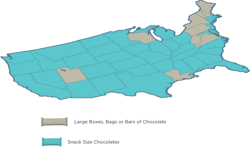 map of the US showing Northeast states as redeeming more Halloween candy coupons